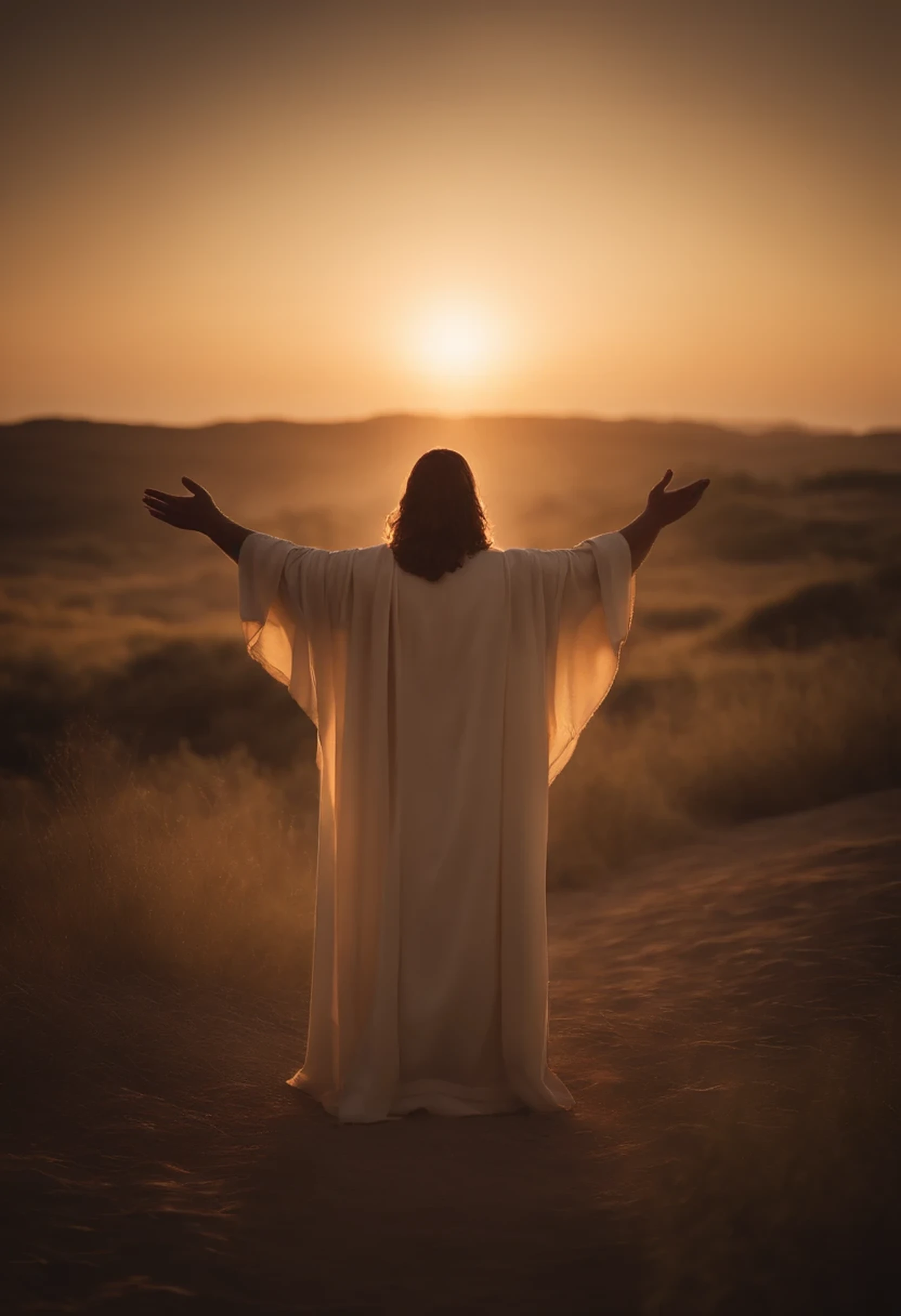 Jesus Christ with open arms towards the horizon. Ao por do sol. From the front with a strong light behind 