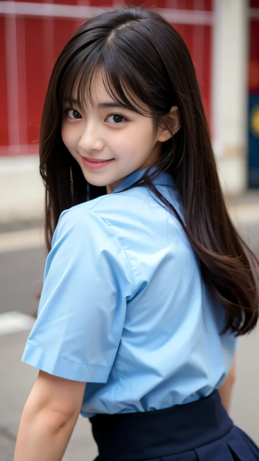 highest quality, shape, Very detailed, finely, High resolution, 8k wallpaper, 完璧なダイナミックな構shape, Beautiful Skin, (Big eyes), Beautiful 20 year old girl, Natural color lip, (Sexy pose), Center of chest, smile, Very detailedな顔と肌の質感, Fine grain, double eyelid,Laughing with loose teeth, close, From behind, Long blonde hair, (Blue blouse:1.2), sunset