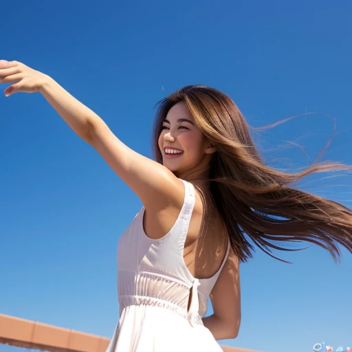 Floating in the blue sky Phoenix and the Beauty Age 22 years old bust F cup Halo from behind I can see the whole body The expression is smiling kindly The pose is Arms spread wide