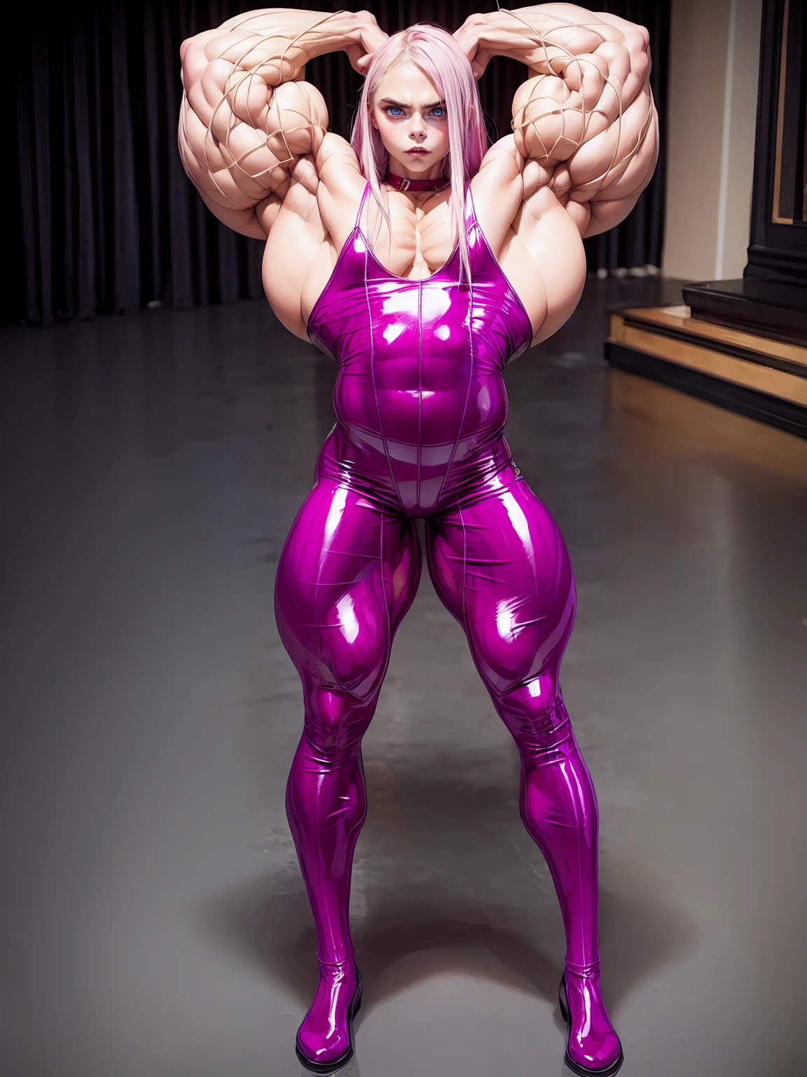 (1 girl), (cara delevingne), young girl, masculine physique, seductive face, seductive look, long pink hair, perfect muscular body, super skinny legs, latex pants, sissy, femboy, (huge muscular arms:1.25),