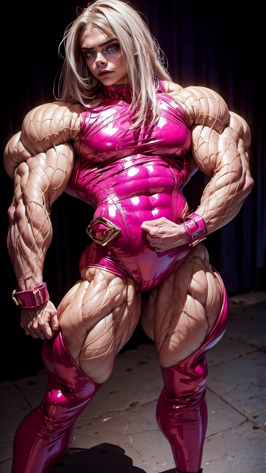 (1 girl), (cara delevingne), young girl, masculine physique, seductive face, seductive look, long pink hair, perfect muscular body, super skinny legs, latex bodysuit, sissy, femboy, (huge muscular arms:1.25),