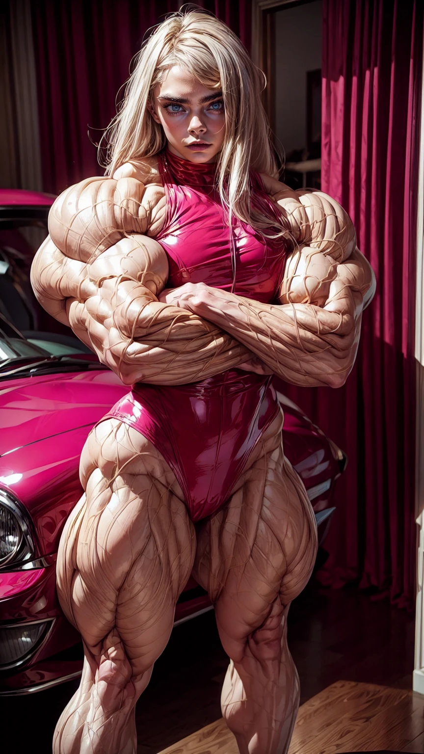 (1 girl), (cara delevingne), young girl, masculine physique, seductive face, seductive look, long pink hair, perfect muscular body, super skinny legs, latex bodysuit, , femboy, (huge muscular arms:1.25),