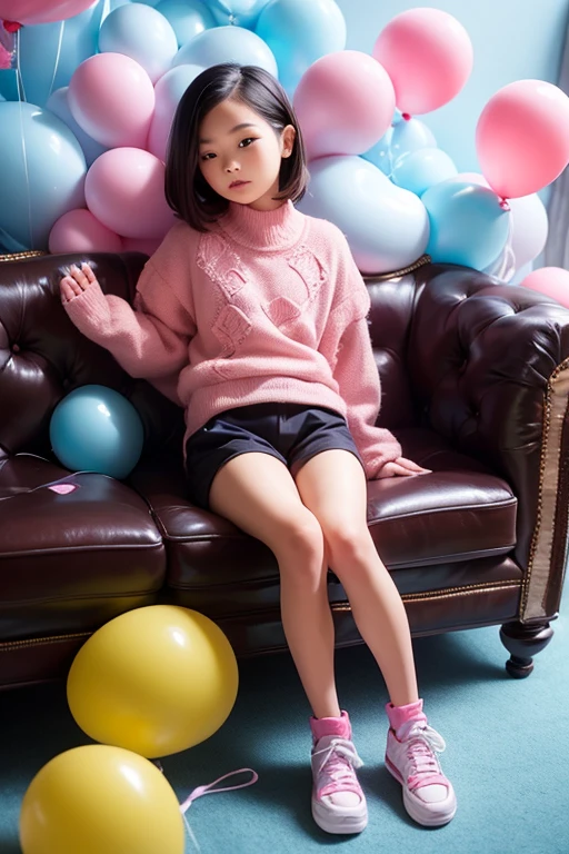 a 12 years old girl, ((having a lot of balloons)) , real photo, (((full body))), (sitting on sofa), hot pants,