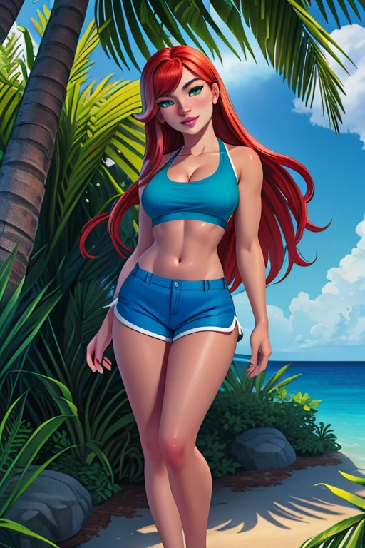 detailed eyes, 4k, high quality, colorful, super detailed eyes and face, 1girl, looking at viewer, 22-year-old woman with Caucasian skin, long red hair, green eyes, sensual gaze, beautiful smile, freckles, medium breasts, cleavage, (Wearing: tan crop-top and blue shorts:1.2), smirk, :o, lips, head tilt, (standing:0.92), full body, outdoors, tropical, Caribbean paradise, Perfect Anatomy,(Professional Lighting), 4k textures, raw photo, epic artistic, photoreal art, sharp focus, even lighting, insane details, intricate details, hyperdetailed, rich colors