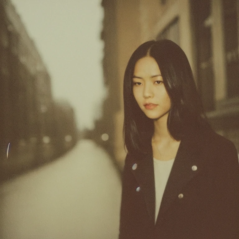 portrait of a woman, low light, streets background, fujifilm-instax-mini-v1beta, polaroid