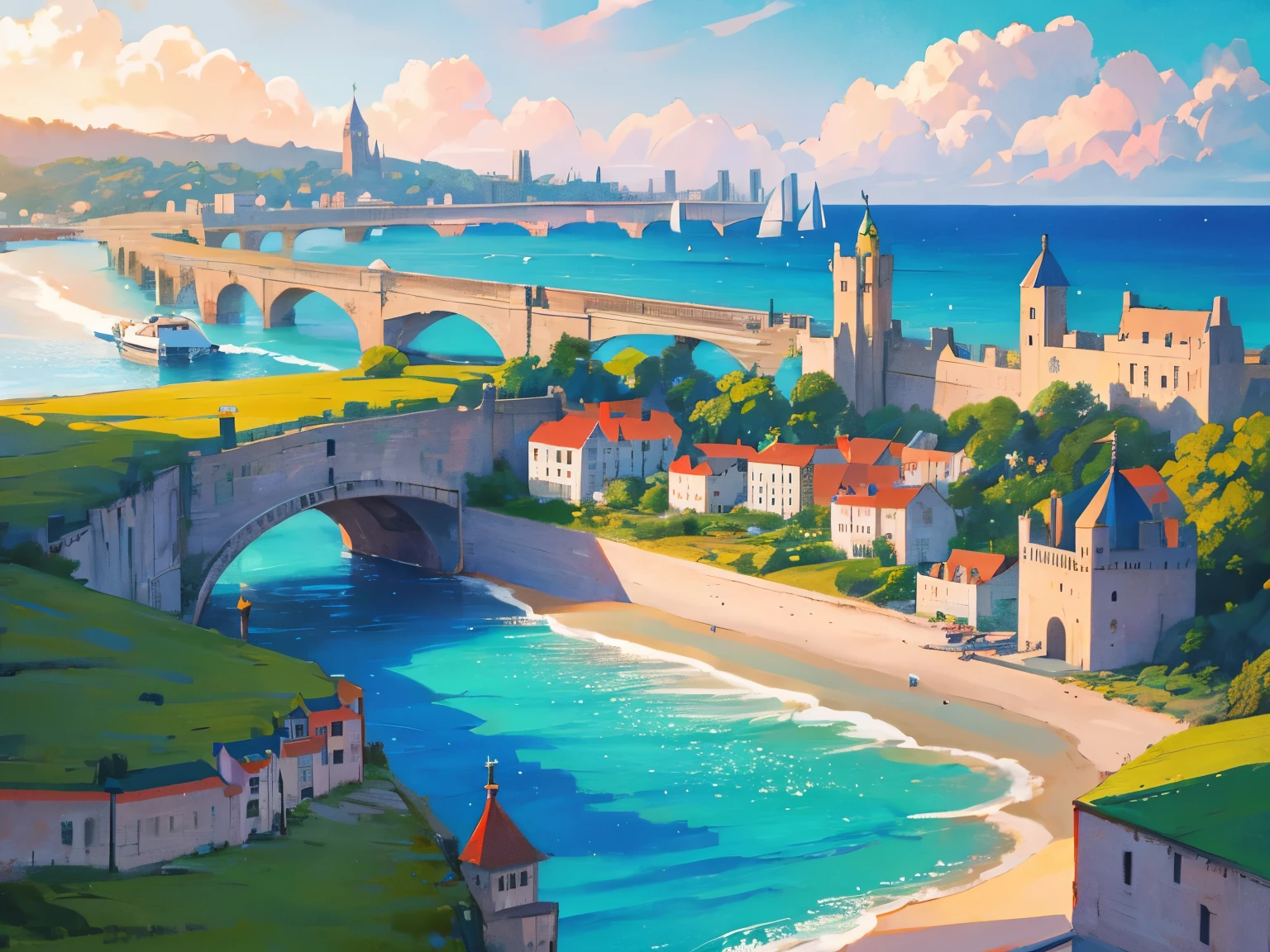 pier, coastal city, sea on the right side, boats in the sea, castle in the middle of the city, medieval, on the grasslands