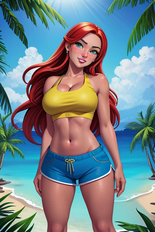 detailed eyes, 4k, high quality, colorful, super detailed eyes and face, 1girl, looking at viewer, 22-year-old woman with Caucasian skin, long red hair, green eyes, sensual gaze, beautiful smile, freckles, big breasts, cleavage, (Wearing: tan crop-top and blue shorts:1.2), smirk, :o, lips, head tilt, (standing:0.92), full body, outdoors, tropical, Caribbean paradise, Perfect Anatomy,(Professional Lighting), 4k textures, raw photo, epic artistic, photoreal art, sharp focus, even lighting, insane details, intricate details, hyperdetailed, rich colors