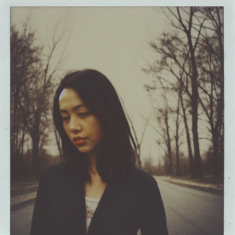 portrait of a woman, low light, streets background, fujifilm-instax-mini-v1beta, polaroid