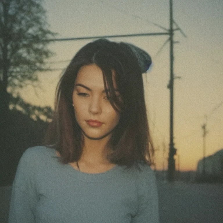 portrait of a woman, low light, streets background, fujifilm-instax-mini-v1beta, polaroid