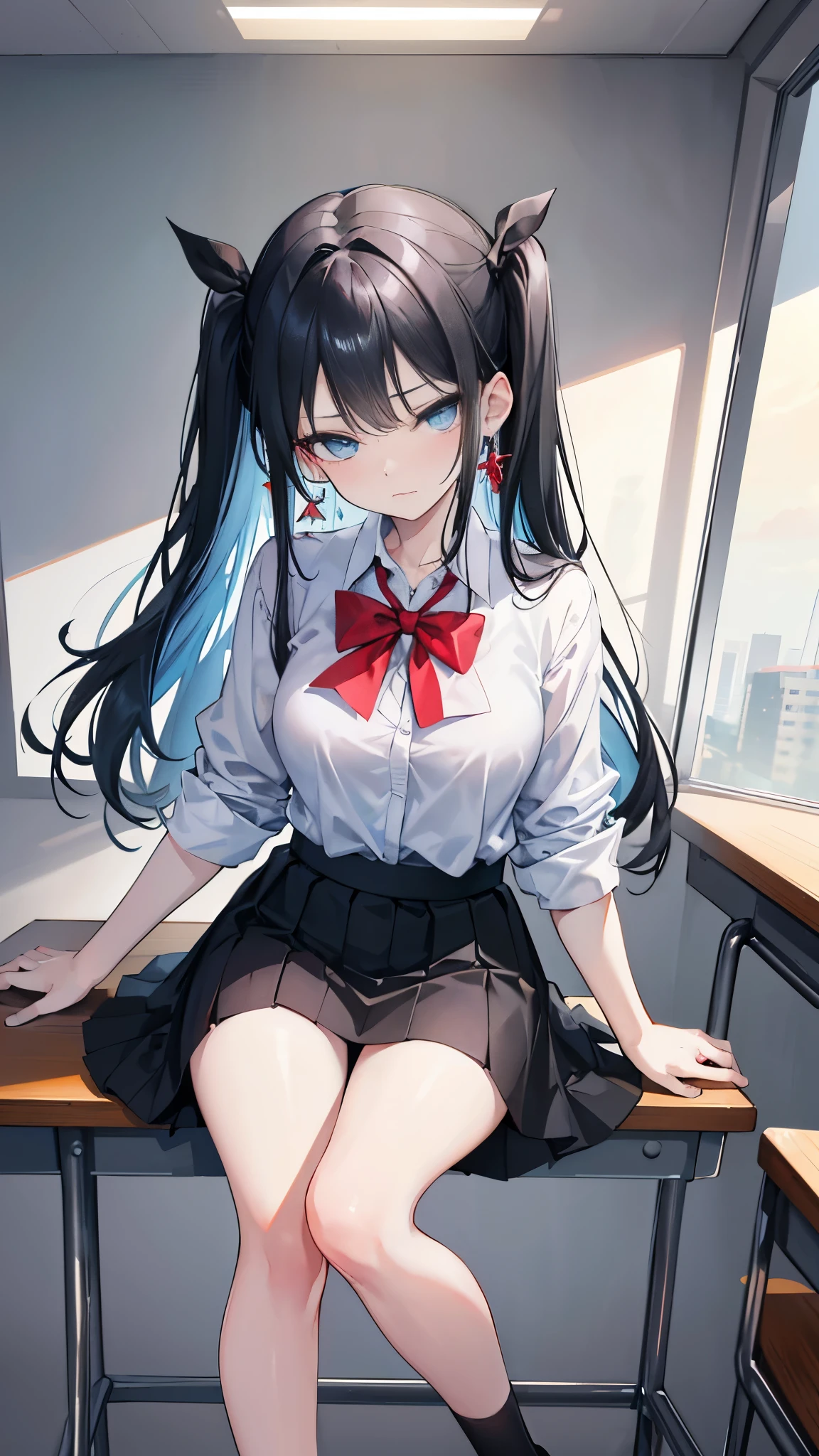 4K photo of a young woman with black hair, , medium breasts. Light blue eyes, long hair, tied in a left bow...,, wearing a red, short-sleeved, unbuttoned shirt. black short skirt Wearing earrings and sitting in the classroom with a tsundere expression.