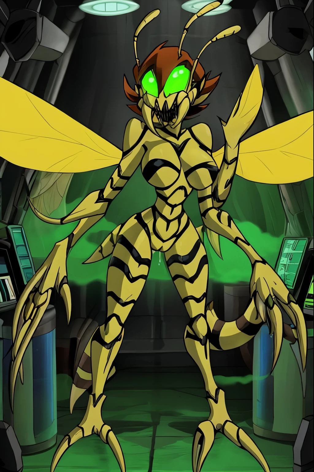 image of gamma mutant wasps head,mutant wasp,Earth's Mightiest Heroes,big breasts,black breasts,black stripes,dripping pussy,large yellow transparent insect wings,long claws,{yellow chitin skin},,glowing green eyes,brown and red hair,medium hair,green mist,{{{1 pair of large thick mandibles}}},open mandibles,{{sideways opening mandibles}},antennae,insect antennae,laboratory,,,{{{high detailed mutant wasp head}}},8k,ultra high definition,,solo,1girl,radioactive mist,long claws on arms,wide hips,extrem thin waist,{{{{{{{gamma mutant wasps clawed hands}}}}}}}},