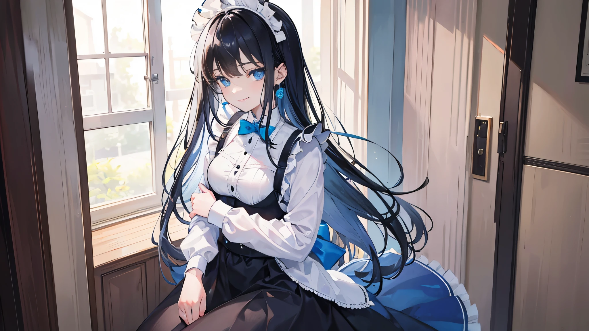 4K photo of a young woman with black hair, 17 years old, ??????????????.  Light blue eyes, long hair, left bow tie...,, wearing a Western maid outfit.  Wearing earrings and sitting in the middle of the hallway. With a smile on his face.