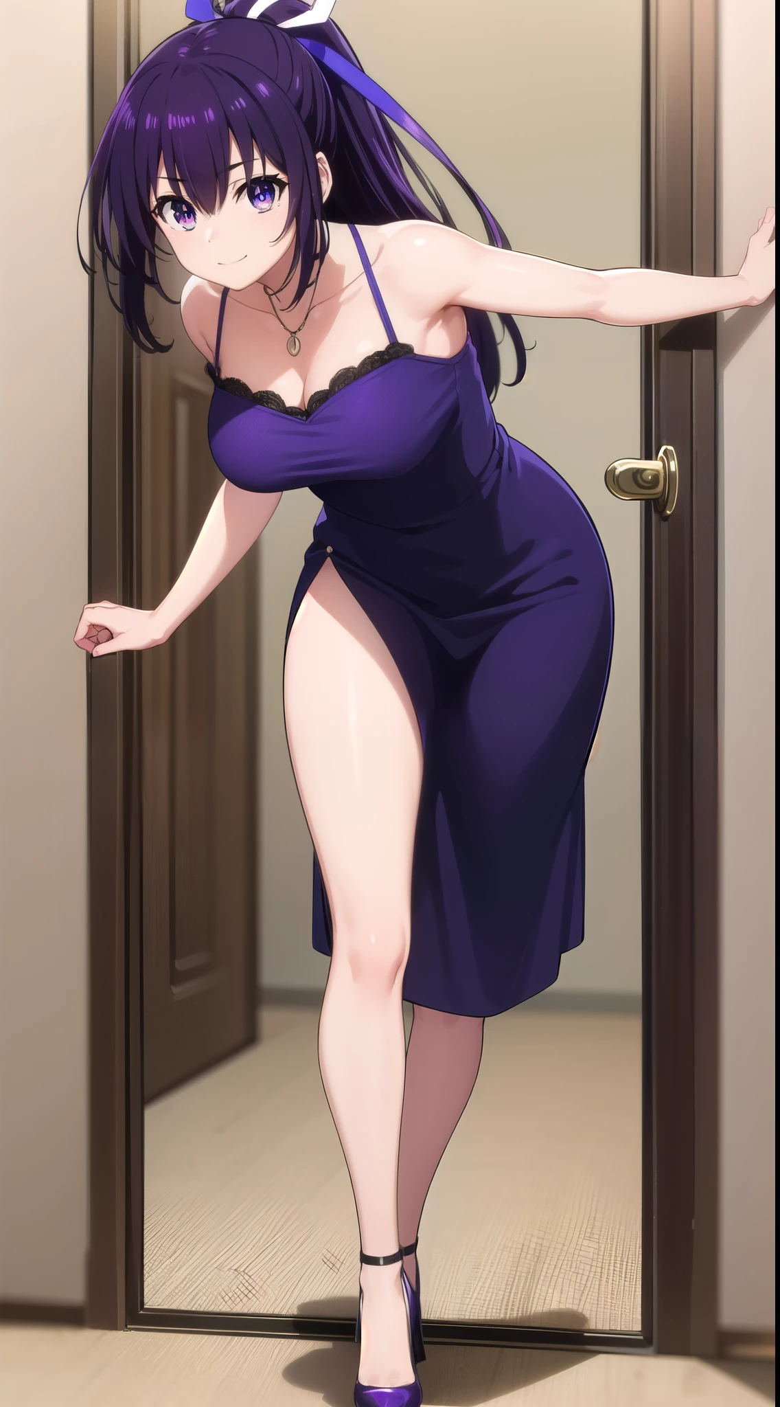 tohkayatogami, tohka yatogami casual, long hair, purple hair, alluringly smile, cropped off shoulder, armpits,cleavage, necklace, tight dress (purple eyes:1.1), hair ribbon, ponytail, purple hair, white ribbon, g cup breasts, bewitching thighs,plump butt , low heels 
BREAK ,
BREAK indoors, lean back, Night, hotel, one person, standing , low heels, white ribbon ,BREAK angle point view ,looking at viewer, beautiful poses, hand on head, confident, full body view, head to toe view, create bit distance , 
BREAK (masterpiece:1.2), best quality, high resolution, unity 8k wallpaper, (illustration:0.8), (beautiful detailed eyes:1.6), extremely detailed face, perfect lighting, extremely detailed CG, darker background, (perfect hands, perfect anatomy),