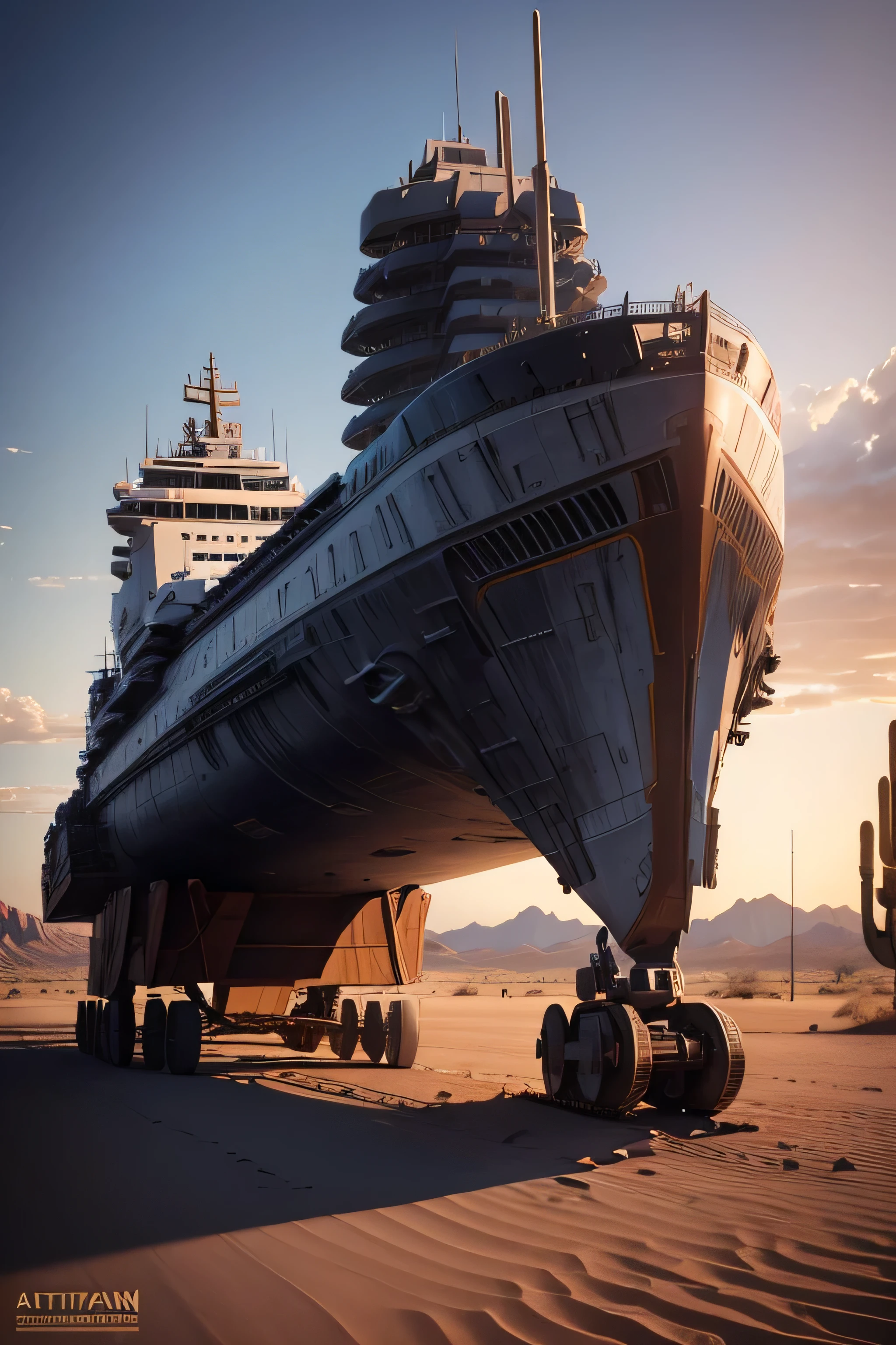 immense imperial ship from Star Wars landed in the Arizona desert, ultra-detailed ship, ultra-realistic scene, blue cinematographic lighting, maximum quality, 8k, HDR, ray tracing, shadows and reflections, ultra-detailed complex scene, sensation of immensity , disturbing scene,