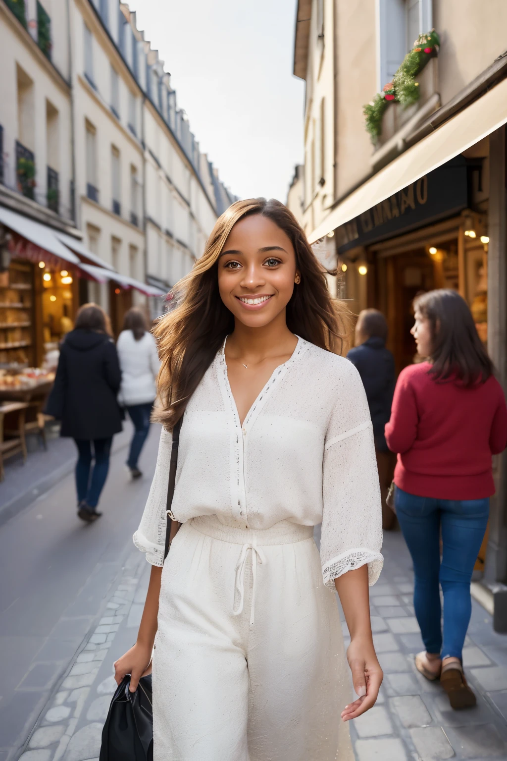 Realistically detailed digital image of sunrise setting behind a 27-year-old girl. Sharp, wide-angle image of (Rue Mouffetard, picturesque street in Paris, France), ((distinctive characters of various ages and ethnicities passing by))). People appear to be realistically detailed, textured skin, and unique features. The girl strolls across the realistically detailed Rue Mouffetard, looking directly at the camera, sun casting long shadows on her face (full-length shot). A 27-year-old realistically detailed image of a girl, radiantly smiling, displaying her bright, pearly white perfect teeth and a realistically detailed double