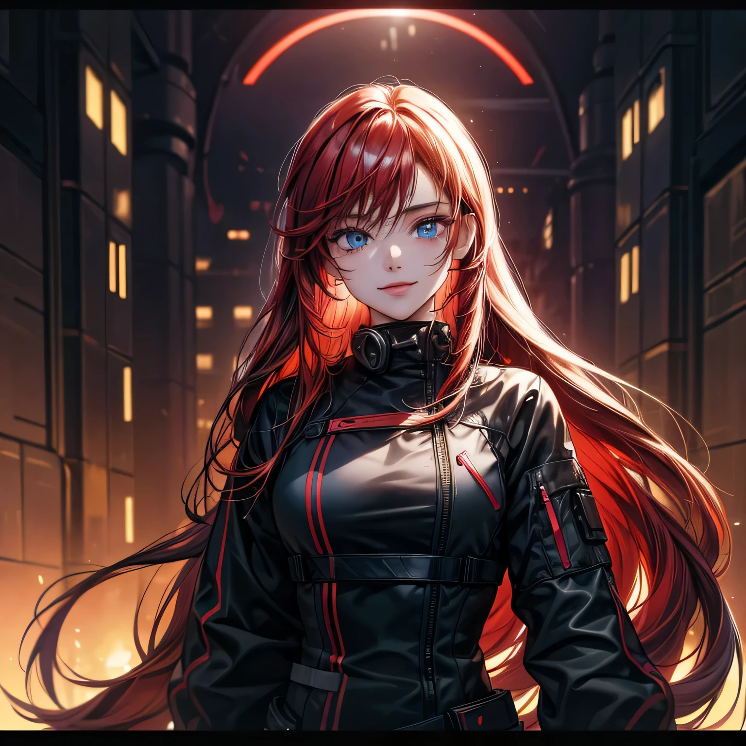 masterpiece , a girl , red very long hair , blue eyes , gradient , perfect figure , ( techwear:1.2) , cyberpunk , future , moderne , in cyberpunk city, lite smile , detailed face ,, , (8k, best quality 1.2), ultra-detailed, 8k uhd,, soft lighting, high quality, film grain, beautiful lighting,, (cinematic:1.4) ,perfect body , best illumination, best shadow, sharpness, contrast,
