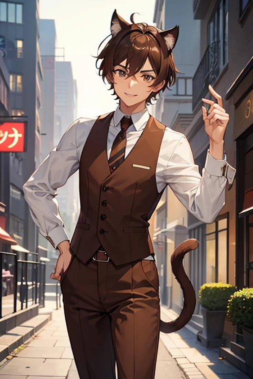 Man, anime, wearing a brown vest suit, has cat ears and tail, brown hair, brown eyes, short hair style, tanned skin, best quality, smiling, 1930s city background,