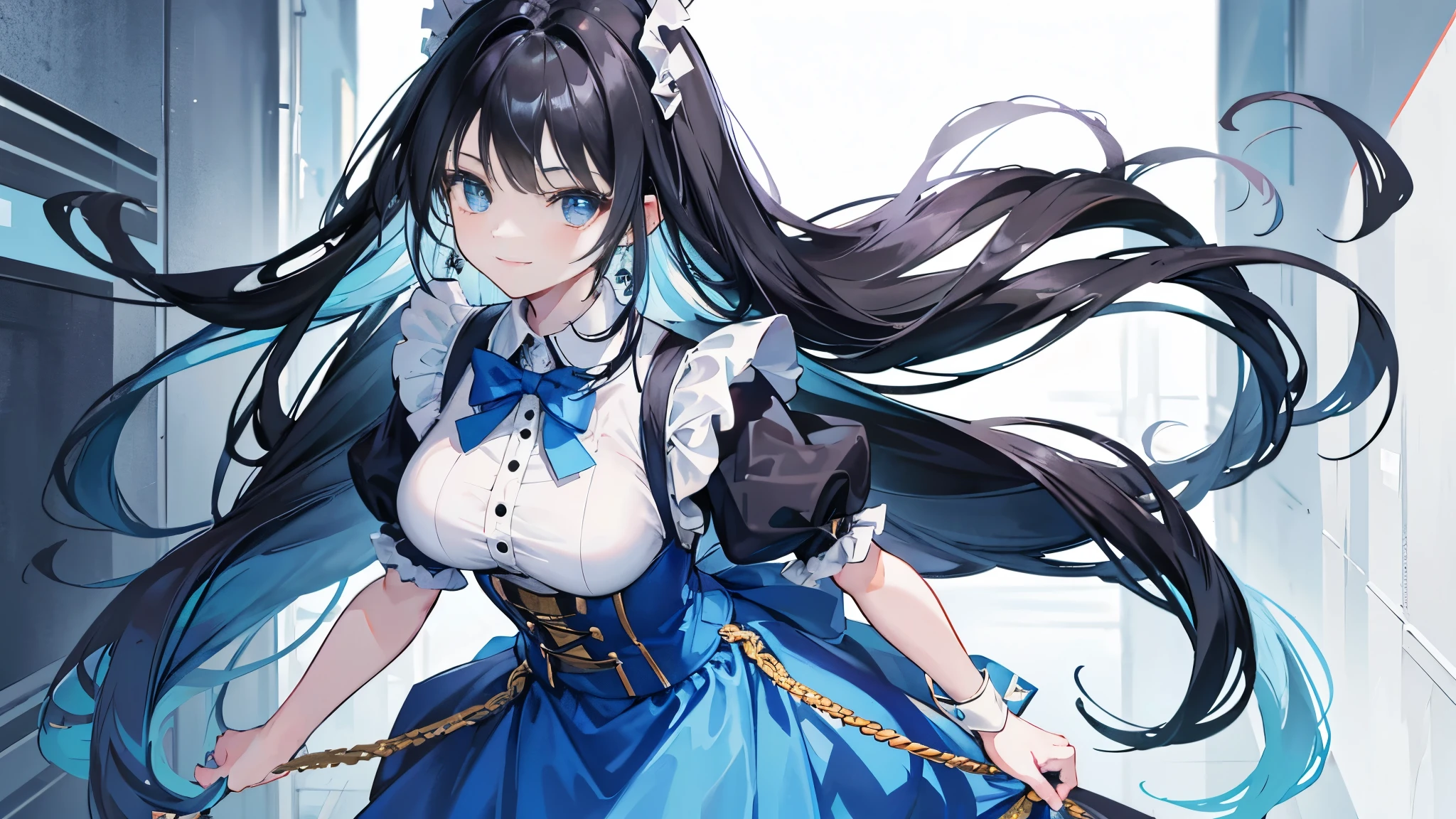 4K photo of a young woman with black hair, 17 years old, medium breasts.  Light blue eyes, long hair, tied in a bow on the left...,, wearing a Western maid outfit, wearing earrings, walking in the middle of the hallway. With a smile on his face.