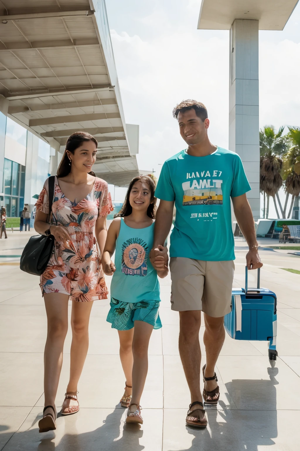 a family at the airport in a tropical area, woman wearing a dress, man wearing tshirt and shorts HD, 4K