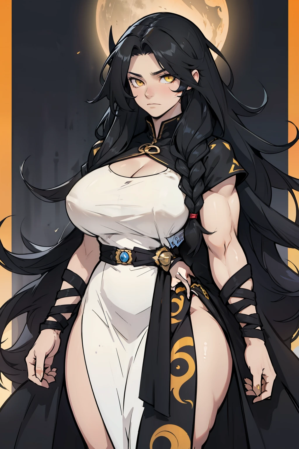 ((very long hair wavy hair messy hair)) black hair yellow eyes pale skin solo 1girl ((muscular)) girl huge breasts sad dress night royalty solo