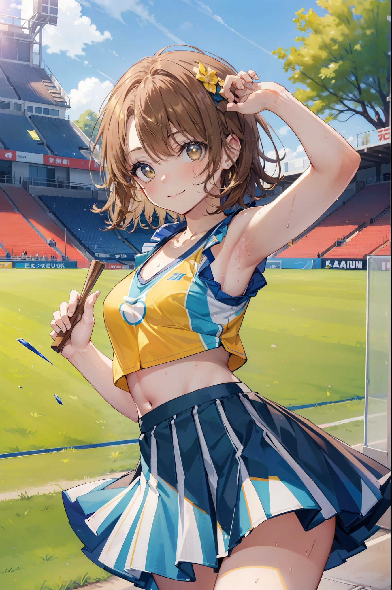 irohaisshiki, iroha isshiki, short hair, brown hair, (brown eyes:1.5), smile,happy smile, smile, open your mouth,(cheer leading), (whole body), medium chest, (sweaty), sweaty Wet Clothes, (yellow clothes),Yellow pleated skirt,sneakers , Navel support, playground, (jump), (jump), 足を曲げてjumpする, air, blue sky, Grass原, smile
チアリーダー, pom pom \(cheer leading\), Grass, smile, 
break outdoors,stadium,
break looking at viewer,(cowboy shot:1.5),
break (masterpiece:1.2), highest quality, High resolution, unity 8k wallpaper, (figure:0.8), (detailed and beautiful eyes:1.6), highly detailed face, perfect lighting, Very detailed CG, (perfect hands, perfect anatomy),