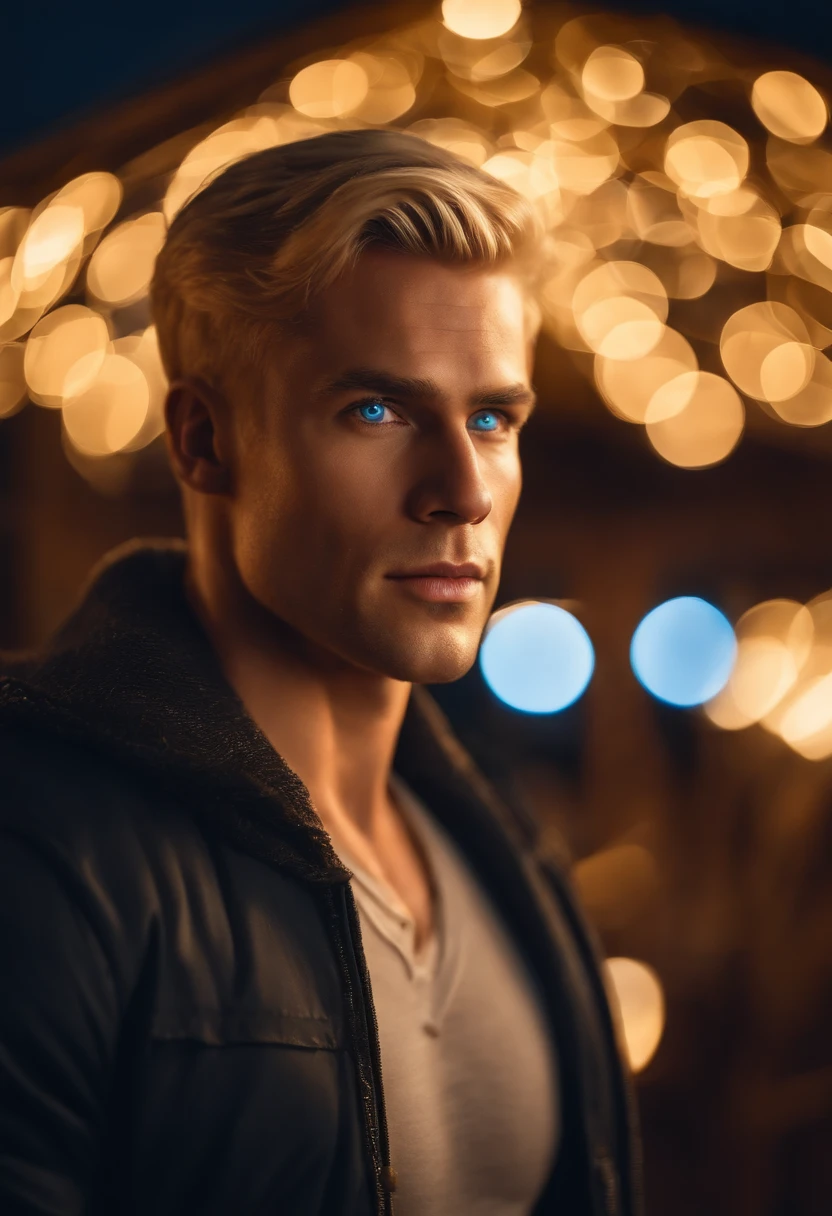 photo, 8k, blonde man, short hair, muscular, blue eyes, majestic, golden lights, stars, hut in the background