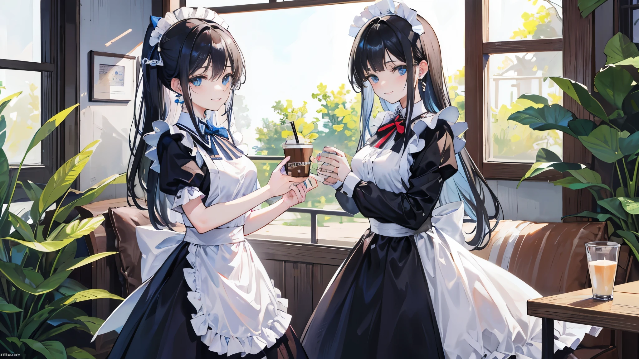 4K photo of a young woman with black hair, , medium breasts.  Light blue eyes, long hair, tied in a bow on the left...,, wearing a Western maid outfit, wearing earrings, still in a quiet coffee shop. With a smile on his face.