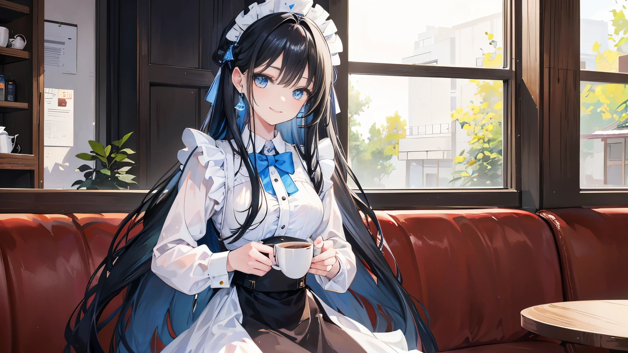 4K photo of a young woman with black hair, 17 years old, medium breasts.  Light blue eyes, long hair, tied in a bow on the left...,, wearing a Western maid outfit, wearing earrings, still in a quiet coffee shop. With a smile on his face.