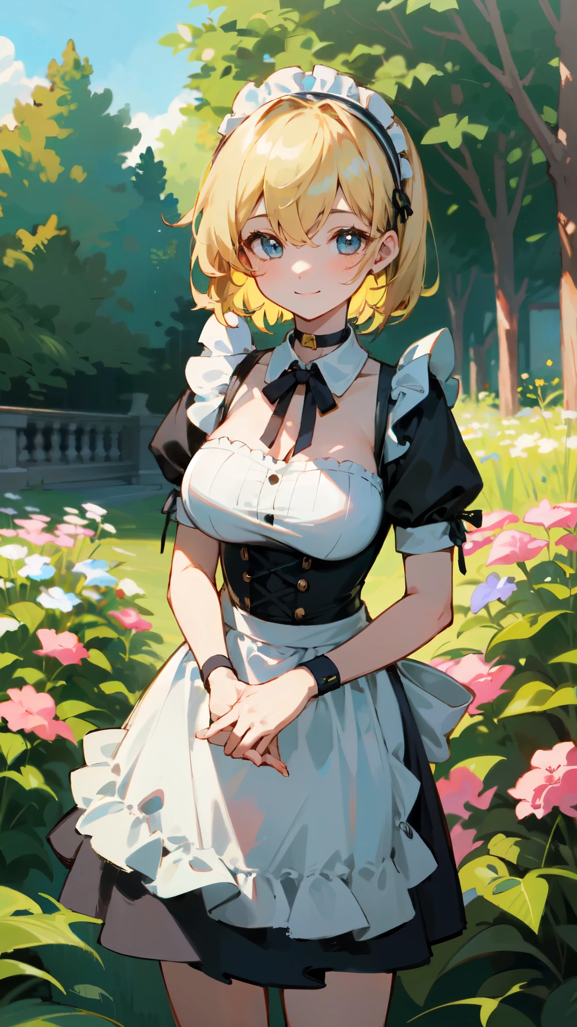 very delicate、1 beautiful girl、highest quality、masterpiece、super detailed illustrations、cowboy shot、the most knowledgeable girl、shiny、outdoor、garden、bright、cinematic lighting、junior、perfect female body、low length、short hair、air bang、long bangs between eyes、fluffy hair、Golden hair with white stripes、smile、round face、beautiful light blue eyes、colored skin、big breasts、Black shirred maid dress、apron、black corset with straps、headband、Choker Ribbon、cufflinks、sharp outline