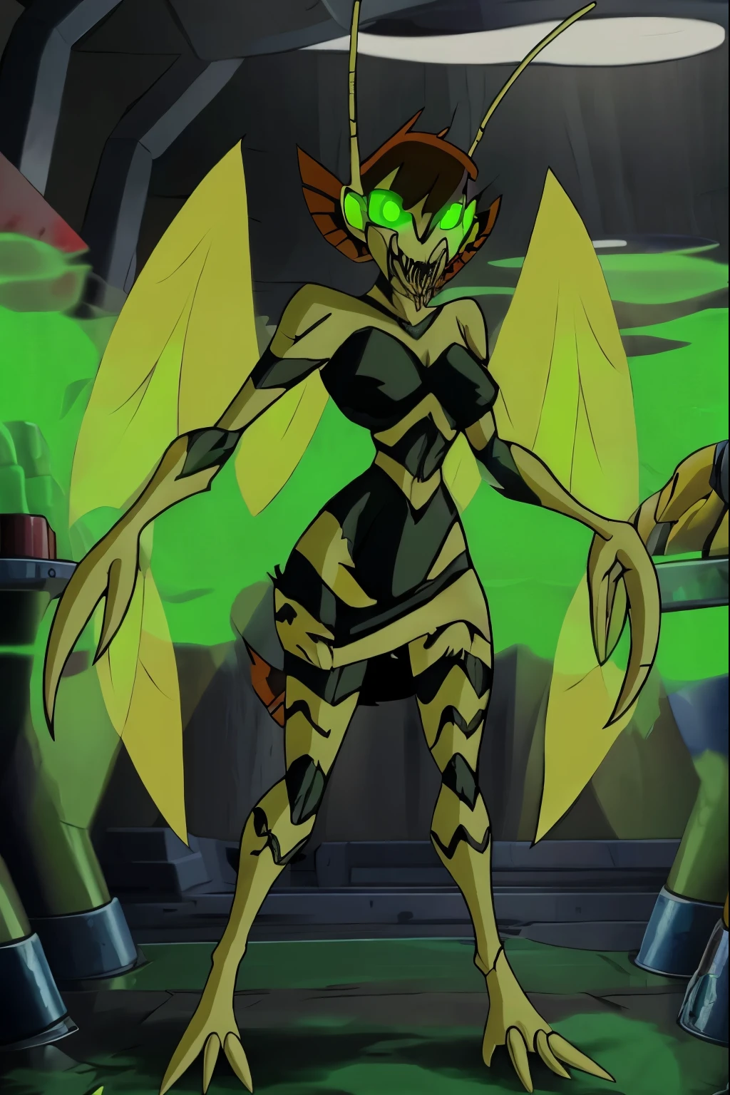 image of gamma mutant wasps head,mutant wasp,Earth's Mightiest Heroes,big breasts,black breasts,black stripes,dripping pussy,large yellow transparent insect wings,long claws,{yellow chitin skin},,glowing green eyes,brown and red hair,medium hair,green mist,{{{1 pair of large thick mandibles}}},open mandibles,{{sideways opening mandibles}},antennae,insect antennae,laboratory,,,{{{high detailed mutant wasp head}}},8k,ultra high definition,,solo,1girl,radioactive mist,long claws on arms,wide hips,extrem thin waist,{{{{{{{gamma mutant wasps clawed hands}}}}}}}}, yellow and black dress, torn clothes