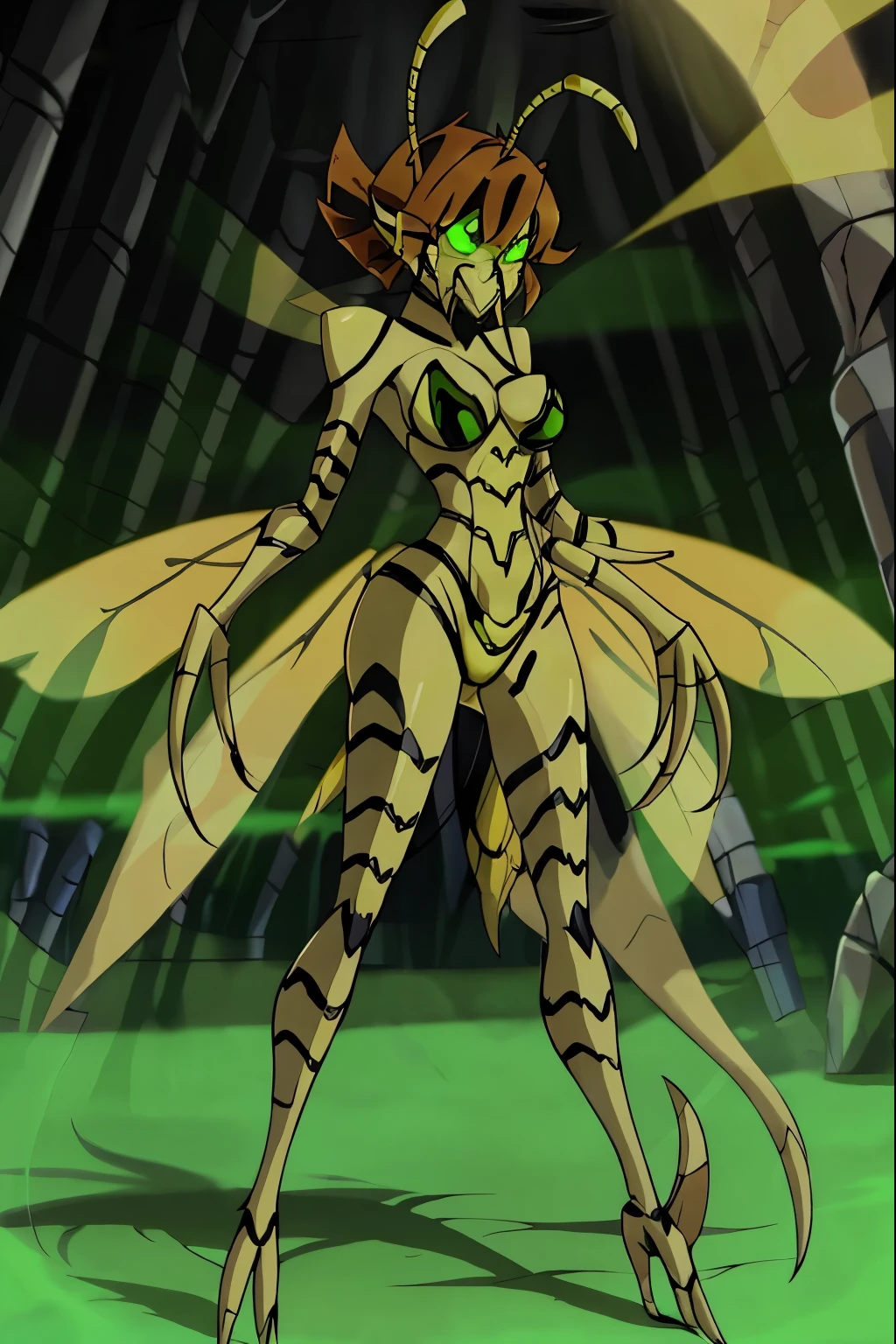 image of gamma mutant wasps head,mutant wasp,Earth's Mightiest Heroes,big breasts,black breasts,black stripes,dripping pussy,large yellow transparent insect wings,long claws,{yellow chitin skin},,glowing green eyes,brown and red hair,medium hair,green mist,{{{1 pair of large thick mandibles}}},open mandibles,{{sideways opening mandibles}},antennae,insect antennae,laboratory,,,{{{high detailed mutant wasp head}}},8k,ultra high definition,,solo,1girl,radioactive mist,long claws on arms,wide hips,extrem thin waist,{{{{{{{gamma mutant wasps clawed hands}}}}}}}},
