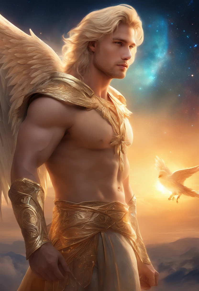 photo, 8k, blonde man, short hair, muscular, blue eyes, majestic, golden lights, stars, hut in the background, angel, magic