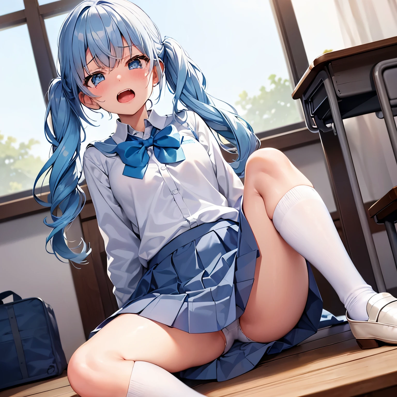 (highest quality())classroom,whole body,looking at the camera,One cute 16 year old girl,(female student uniform,Light blue short skirt,nsfw,tears,cry,Show white pants,Light blue hair blue eyes, face,twin tails,white knee socks,blush, (school-loafer:1.5)、tearsを流している, spread legs、screaming), man touching girl's leg