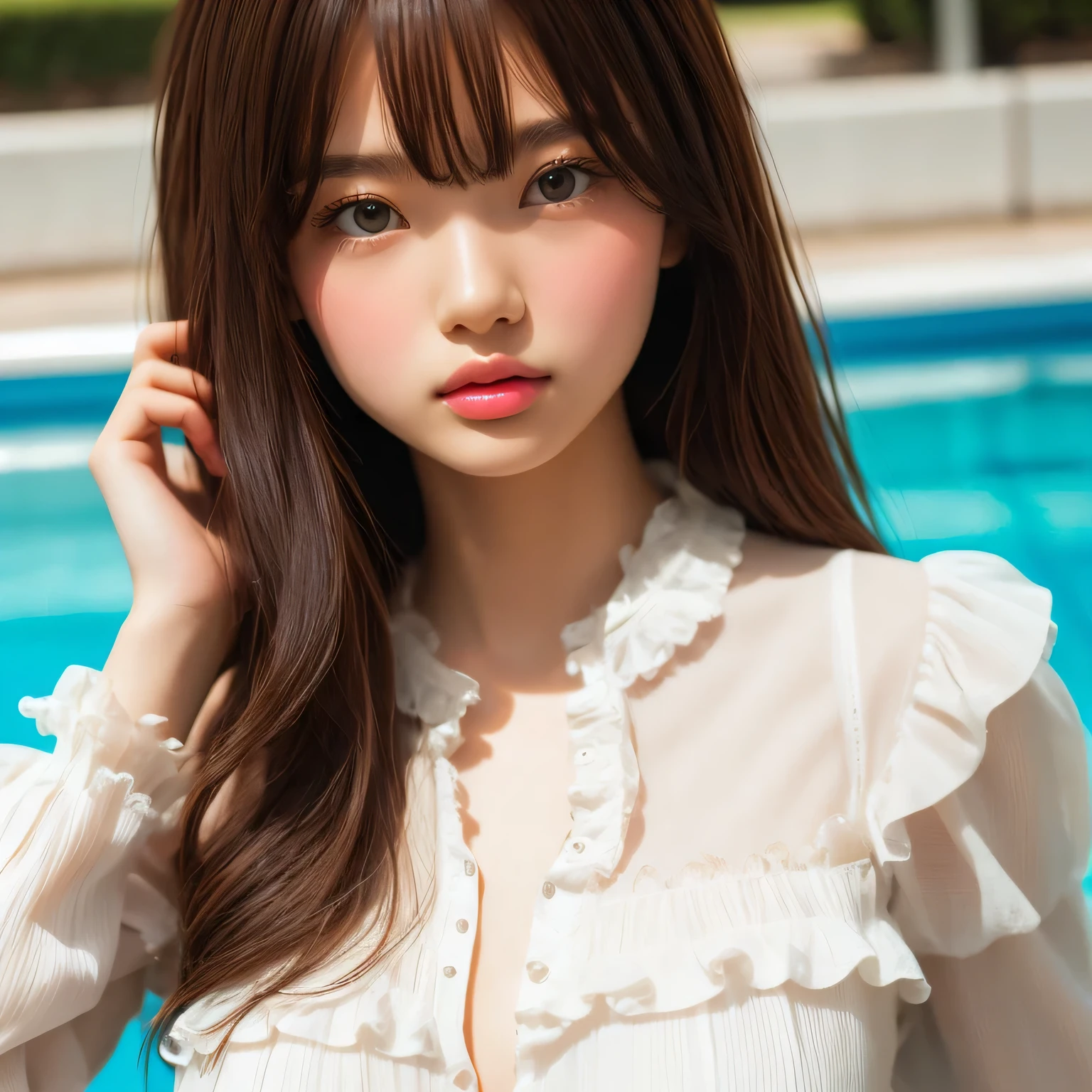pureerosface_v1, top-quality, Photorealsitic, 8K, hight resolution, 2People Girls, femele, (Skindentation), (portlate:0.6), a gorgeous, dynamicposes, ((poolsidebackground:1.6)), coconut tree, ((Medium Size Round Breast, White blouse:1.4)), straight look at viewer:1.8, (1 Girl's eyes looking at the viewer, medium lenght hair, brown haired, Putted Bangs:1.65), (bokeh dof), (Keep your mouth shut:1.46),a necklace、 Twintail hairstyles,Blue eyes、