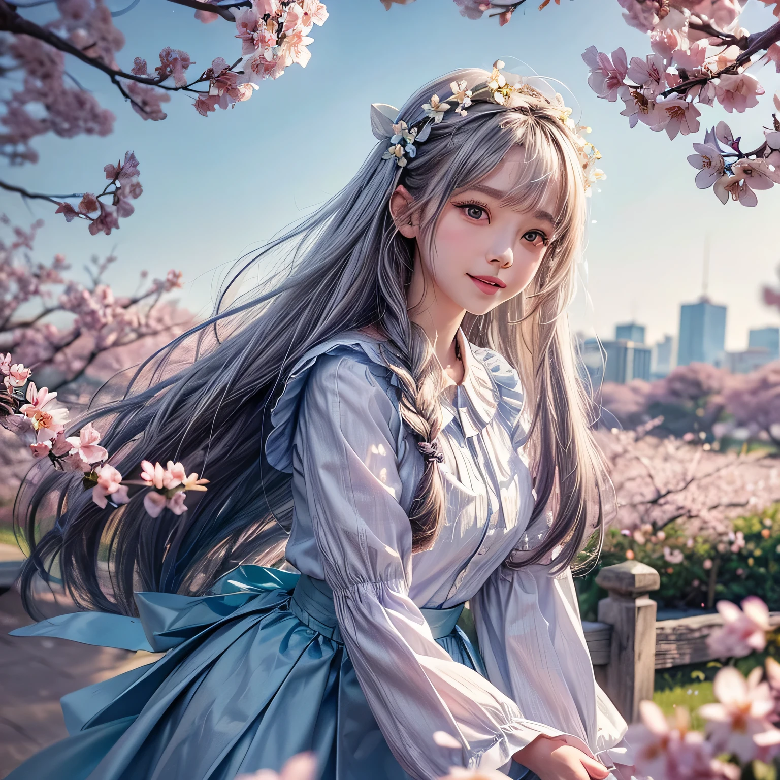 blurry, blurry_foreground, depth_of_field, petals, butterfly, bug, cherry_blossoms, blurry_background, blue_butterfly, motion_blur, flower, elaina_(majo_no_tabitabi), 1girl, open_mouth, long_hair, pink_flower, braid, falling_petals, white_shirt, smile, skirt, shirt, white_flower, tree, outdoors, ahoge, looking_at_viewer, hair_between_eyes, spring_(season), day, solo, holding, branch, bangs, blue_sky, eyebrows_visible_through_hair, :d, silver_hair, hood, cape