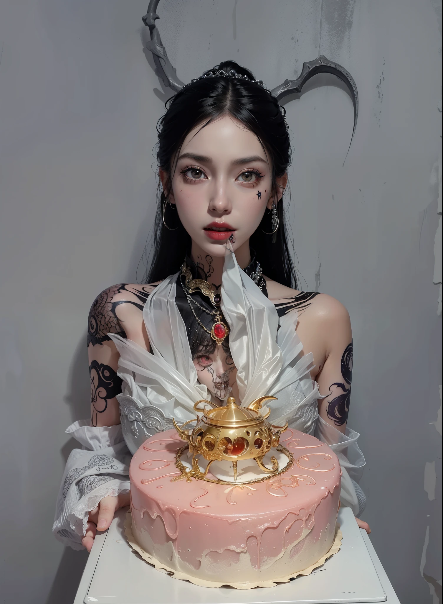 Detailed image quality，pandora witch，wing, succubus theme，堕落Angel，Excellent，scary，secret horror，tentacle，have eyes，uncanny valley effect，little beast blood moon，skeleton，vampire，Hellfire，dark queen，Angel，magician magic witch，black tattoo(whole body)，The tattoo is very three-dimensional，Gorgeous and intricate tattoo designs，tattoo queen，holding a cake