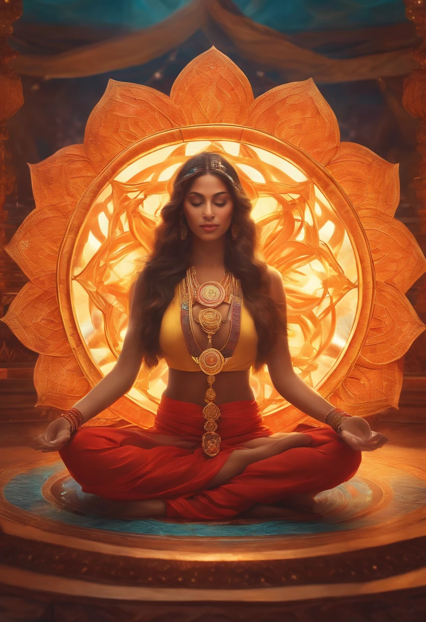 a woman sitting in a lotus position with a chakrai wheel, Chakras, Ajna Chakra, Artgerm Julie Bell Beeple, deviantart artstation cgscosiety, sagrado feminino, Jen Bartel, kundalini energia, artgerm colorido!!!, aura colorida, chakra sacral, psychedelic. Happy, 8k, uhd, detailed, amazing, smiling, happy, inviting