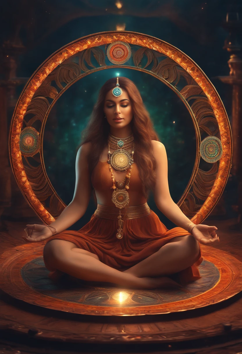 a woman sitting in a lotus position with a chakrai wheel, Chakras, Ajna Chakra, Artgerm Julie Bell Beeple, deviantart artstation cgscosiety, sagrado feminino, Jen Bartel, kundalini energia, artgerm colorido!!!, aura colorida, chakra sacral, psychedelic. Happy, 8k, uhd, detailed, amazing, smiling, happy, inviting