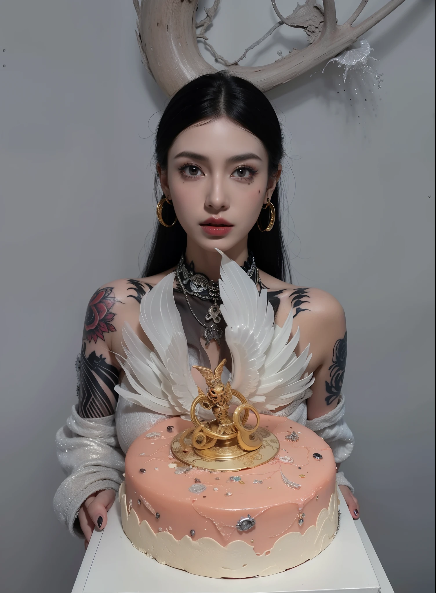 Detailed image quality，pandora witch，wing, succubus theme，堕落Angel，Excellent，scary，secret horror，tentacle，have eyes，uncanny valley effect，little beast blood moon，skeleton，vampire，Hellfire，dark queen，Angel，magician magic witch，black tattoo(whole body)，The tattoo is very three-dimensional，Gorgeous and intricate tattoo designs，tattoo queen，holding a cake