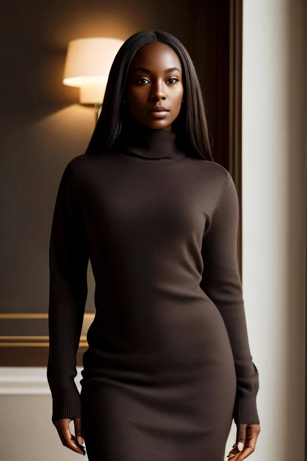 A woman in a sweater dress, age and skin tone unspecified, Alone, her dark skin radiant under the soft lighting. Her hips, immensely wide (immensely thick), created an incredibly striking silhouette. She wore a simple sweater that clung to her figure, accentuating the enormity of her hips. The 70 mm lens capturing every detail, highlighting the textures and nuances of her skin. The image, realistic and captivating, left a lasting impression.