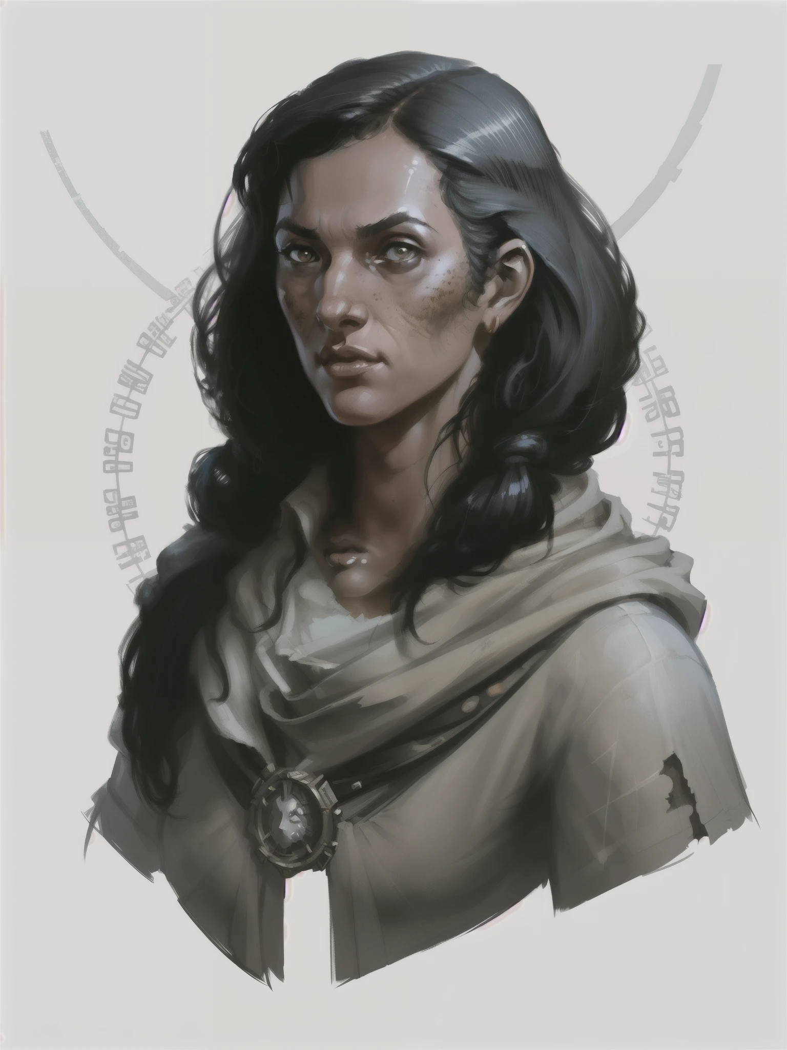 rpp, portrait of a female with black hair, illustration, concept art, in the style of greg rutkowski, 