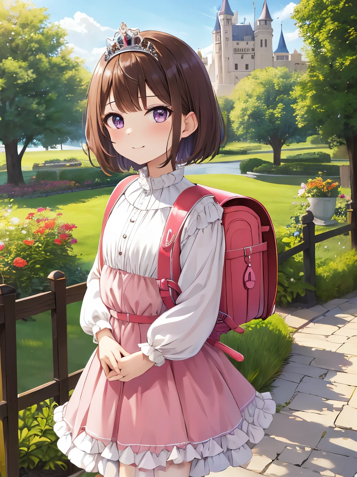 Anime girl with a backpack standing in front of a castle - SeaArt AI