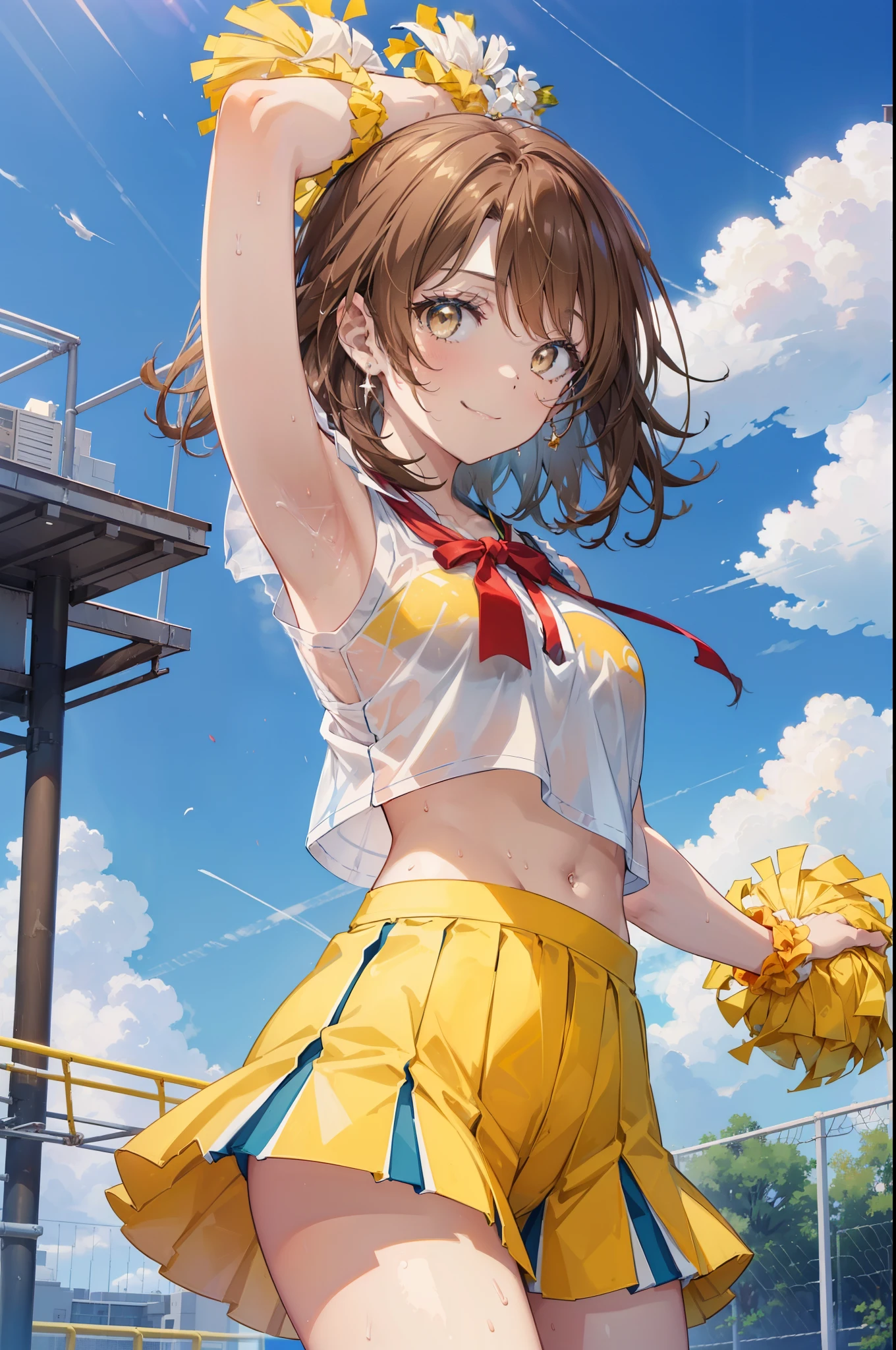 irohaisshiki, iroha isshiki, short hair, brown hair, (brown eyes:1.5), smile,happy smile, smile, open your mouth,(cheer leading), (whole body), medium chest, (sweaty), sweaty Wet Clothes, (yellow clothes),Yellow pleated skirt,sneakers , Navel support, playground, (jump), (jump), 足を曲げてjumpする, air, blue sky, Grass原, smile
チアリーダー, pom pom \(cheer leading\), Grass, smile, 
break outdoors,stadium,
break looking at viewer,(cowboy shot:1.5),
break (masterpiece:1.2), highest quality, High resolution, unity 8k wallpaper, (figure:0.8), (detailed and beautiful eyes:1.6), highly detailed face, perfect lighting, Very detailed CG, (perfect hands, perfect anatomy),