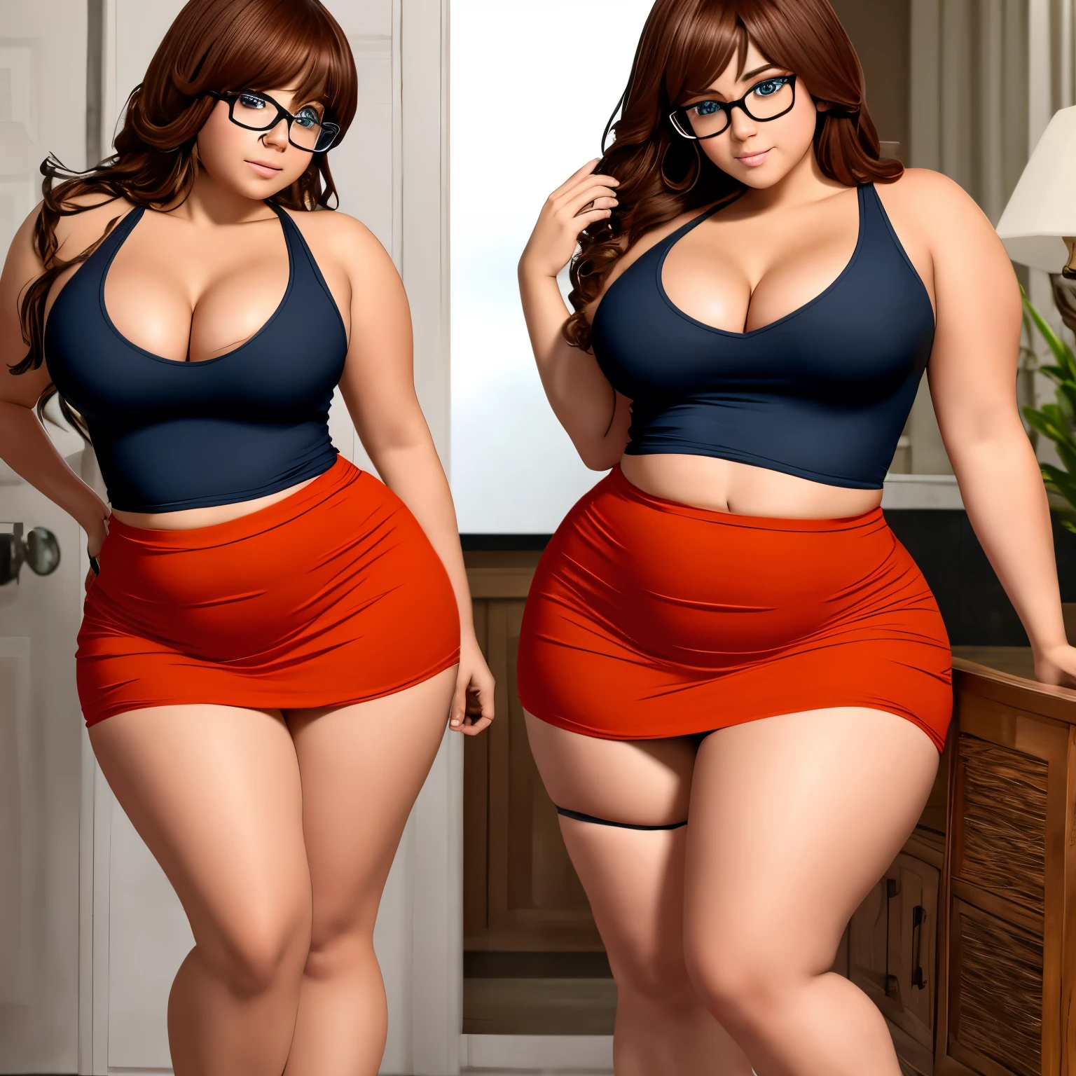 Velma(scooby-doo), chubby, brown messy hair, black glasses, blue eyes, large chest, wet orange tank-top(skin tight), boob window, cleavage, large waist, thicc, red short skirt, thicc thighs, red thigh high stockings, black high heels, beach background