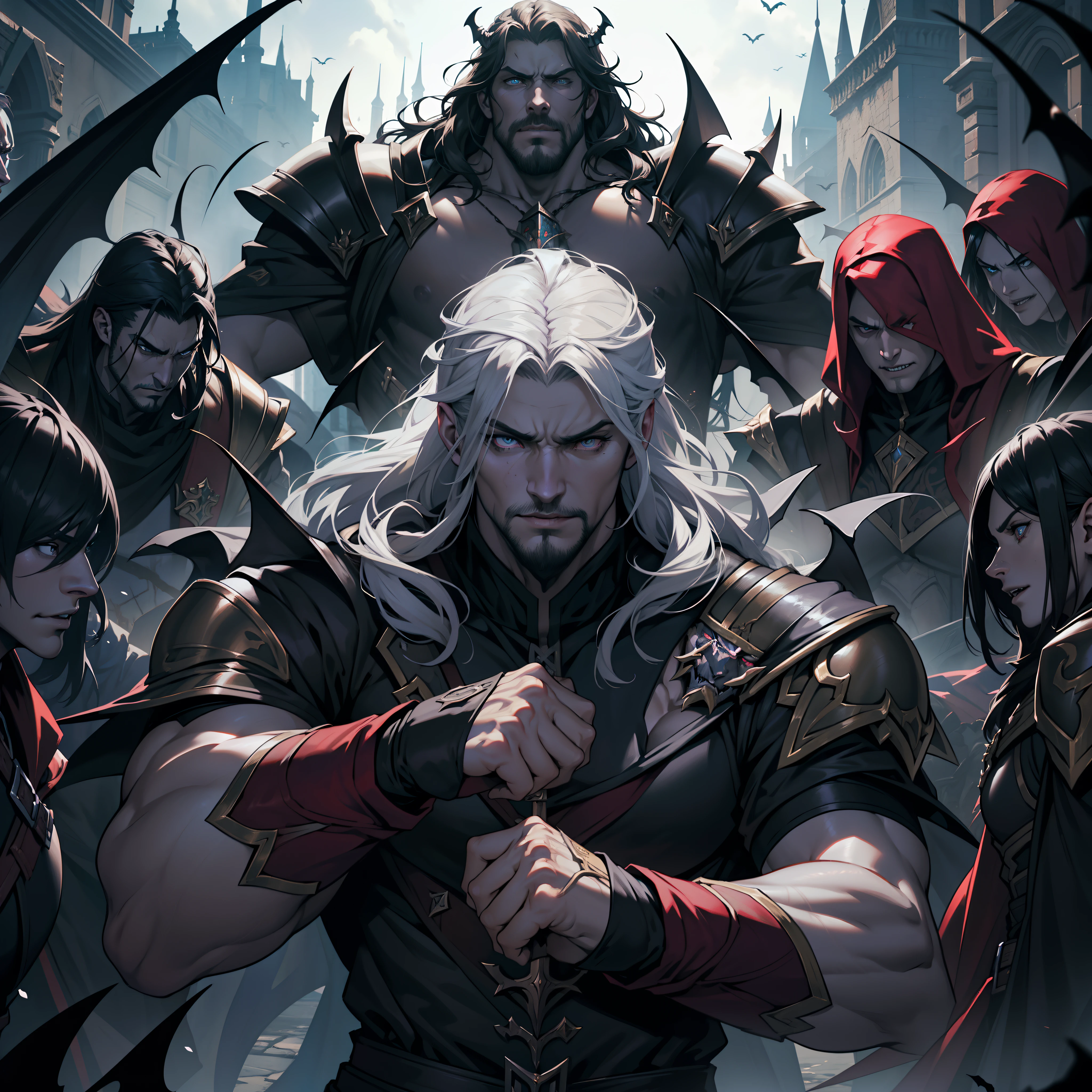 Escenas de batalla de Castlevania Señor de las sombras Hiperrealista Súper detallado Señor legendario Drácula Liderando tropas Ejército de demonios para luchar con detalles nítidos Escenas épicas legendarias hiperrealistas Súper detallado Súper detallado Caras hiperrealistas Poses super detaileds Hombres musculosos Escena central Gran ejército legendario de demonios aterradores con gran habilidad militar Pieza maestra de tiro dinámico hiperrealista, super detailed