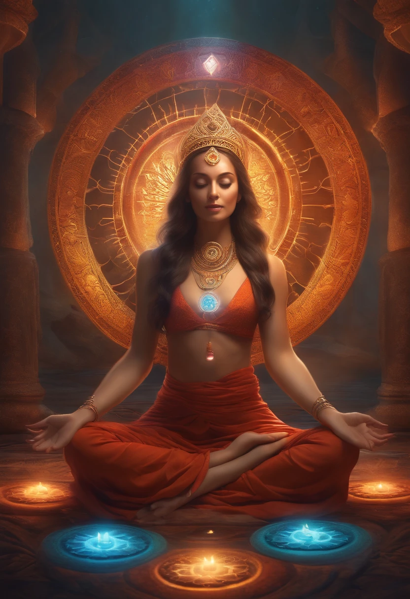 angel sitting in a lotus position with a chakrai wheel, Chakras, Ajna Chakra, Artgerm Julie Bell Beeple, deviantart artstation cgscosiety, sagrado feminino, Jen Bartel, kundalini energia, artgerm colorido!!!, aura colorida, chakra sacral, psychedelic. Happy, 8k, uhd, detailed, amazing, smiling, happy, inviting