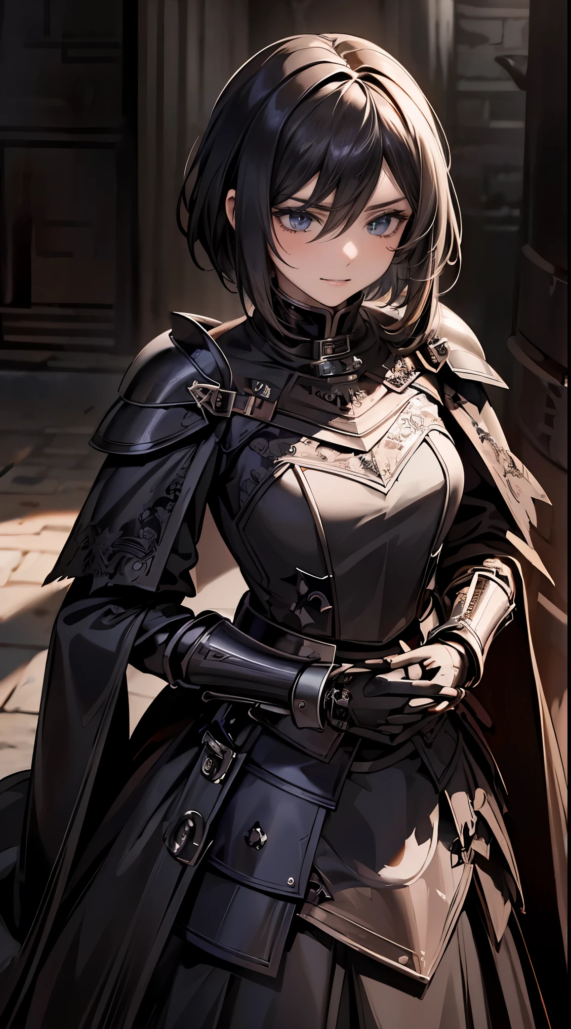 Dark Goth Emo Female Knight, pushed down, cloudy霧霧設定, A vast, desolate field, distant castle, black eyeliner, black eyeshadow, tomboy, short hair, hair between eyes, side lock, Intricately detailed knight armor from the Middle Ages, tight waist, wide hips, cloudy