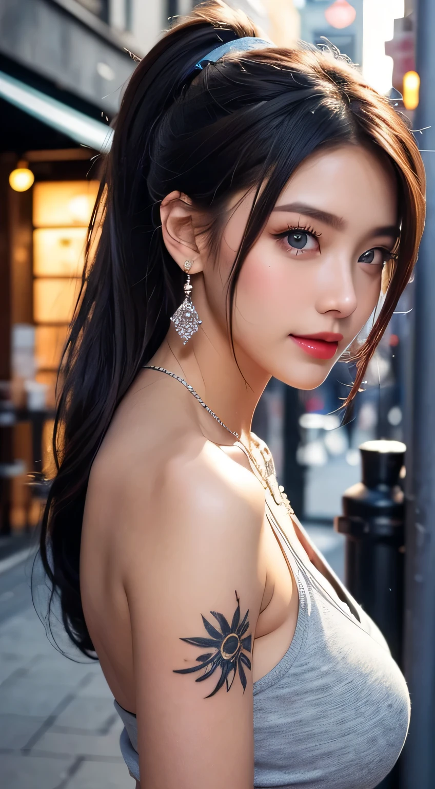 Urban beautiful girl college student, masterpiece, light makeup, red lips, silver hair, messy long hair, street background, beautiful, elegant. super fine details, master works, authentic texture, cinematic lighting realism, perfect job, 16K, hd, exquisite features,blue eyes、japanese idol、Beautiful Face、cute smile、brown hair、beautiful hair、ponytail、glamorous、 big breasts、erect nipples、Oily muscle、shiny skin、tanned skin、Black glowing skin、sexy camisole,T-back, bright big eyes, smooth skin, earrings, necklace, tattoo