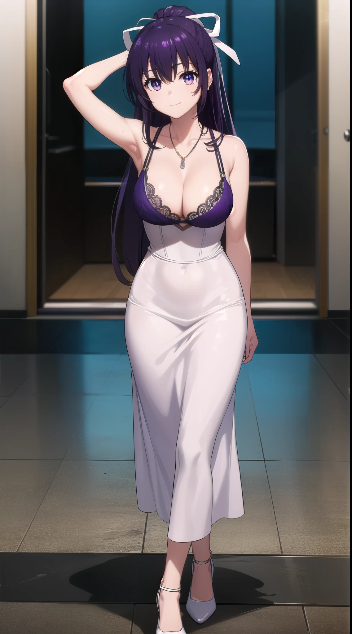 tohkayatogami, tohka yatogami casual, long hair, purple hair, alluringly smile, (thin, dark grey, long midi dress), Korean fashion, cleavage, visible bra, v neck, necklace, (purple eyes:1.1), hair ribbon, ponytail, purple hair, white ribbon, g cup breasts, bewitching thighs,plump butt , low heels
BREAK ,
BREAK indoors, Night, classy hotel, one person, standing , low heels, white ribbon ,BREAK angle point view ,looking at viewer, beautiful poses, hand on head, confident, full body view, head to toe view, create bit distance ,
BREAK (masterpiece:1.2), best quality, high resolution, unity 8k wallpaper, (illustration:0.8), (beautiful detailed eyes:1.6), extremely detailed face, perfect lighting, extremely detailed CG, darker background, (perfect hands, perfect anatomy),