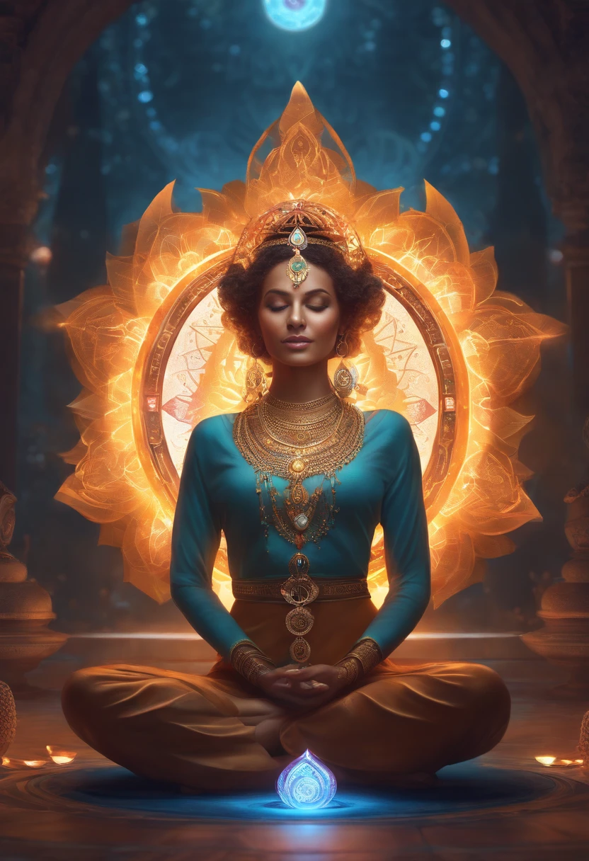 angel sitting in a lotus position with a chakrai wheel, Chakras, Ajna Chakra, Artgerm Julie Bell Beeple, deviantart artstation cgscosiety, sagrado feminino, Jen Bartel, kundalini energia, artgerm colorido!!!, aura colorida, chakra sacral, psychedelic. Happy, 8k, uhd, detailed, amazing, smiling, happy, inviting, detailed body